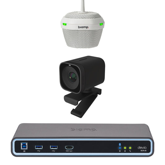 Biamp MRB-S-SCR25-C video conferencing room kit with Devio hub, DCM-1 microphone and Vidi 250 camera