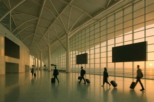 Modern airport terminal concourse at sunrise with travellers and large wall-mounted displays powered off