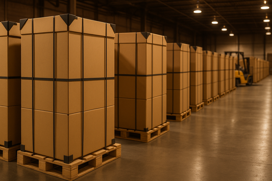Sealed flat display cartons strapped on pallets in a warehouse awaiting redeployment