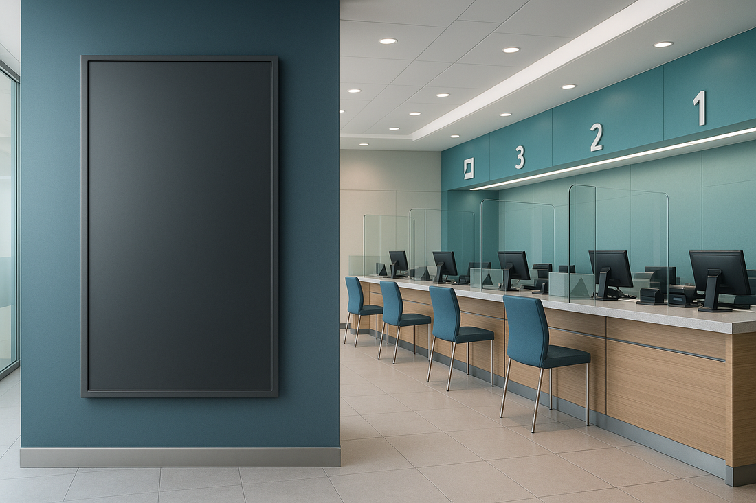 Modern Gulf bank branch interior with a portrait wall-mounted display powered off beside teller counters