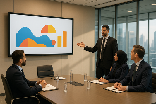 Presenter using a wall-mounted interactive flat panel in a GCC boardroom