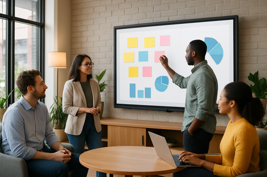 Team collaborating around a wall-mounted interactive display in a modern workspace