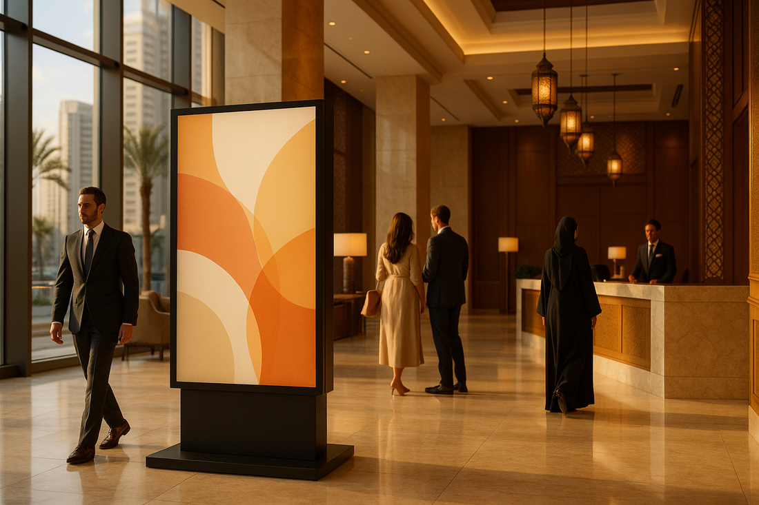 Elegant Gulf hotel lobby with a portrait digital signage display near reception at golden hour