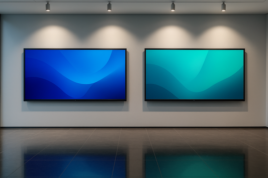 Two interactive flat panel displays side by side in a corporate showroom