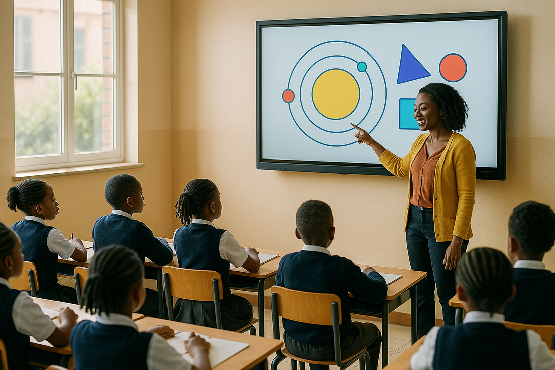 African teacher using a wall-mounted interactive panel with a colourful diagram while students watch in a bright classroom