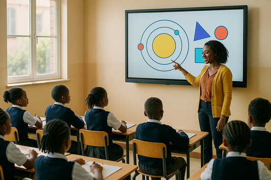 African teacher using a wall-mounted interactive panel with a colourful diagram while students watch in a bright classroom