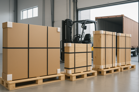 Interactive flat panels packed as sealed flat crates and cartons on pallets, loaded by a forklift for export across the GCC and Africa
