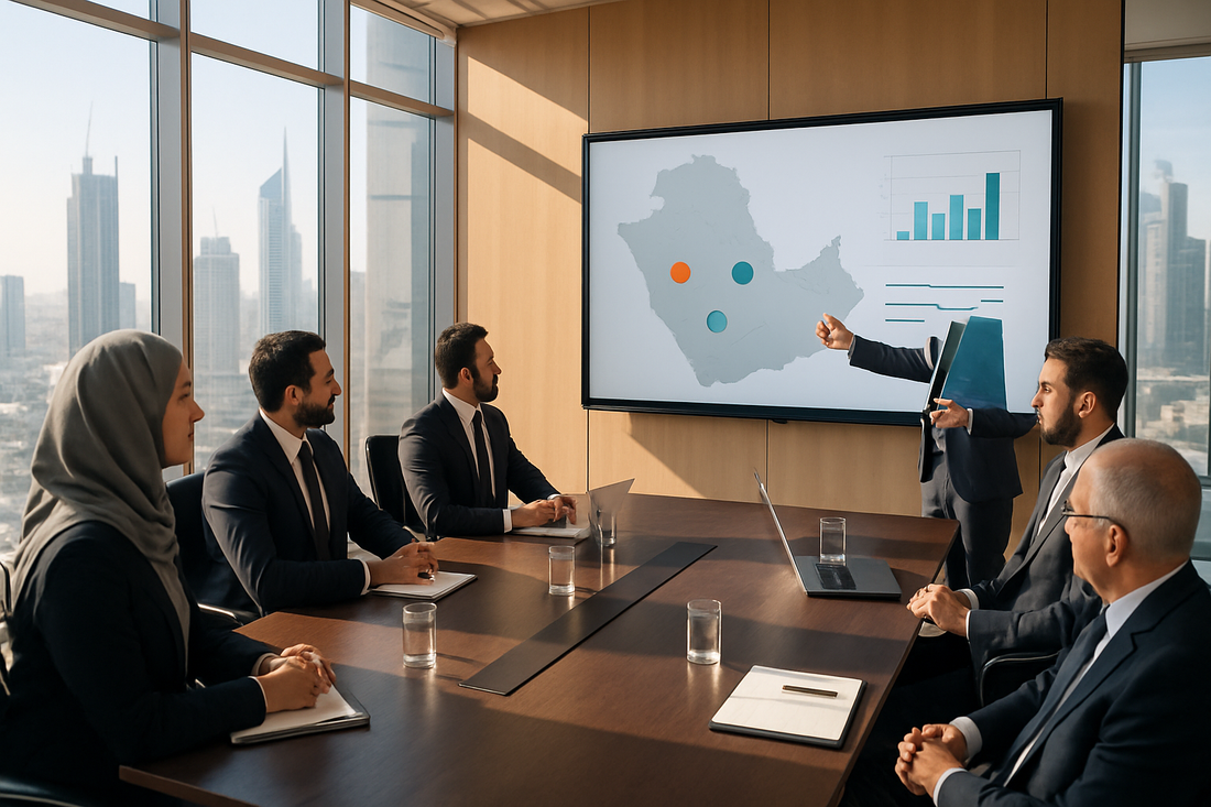 Business team in a Gulf boardroom reviewing a regional sourcing plan on a wall-mounted interactive display