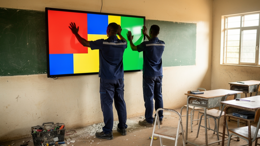 Installers mounting an interactive flat panel beside the chalkboard it replaces in a classroom