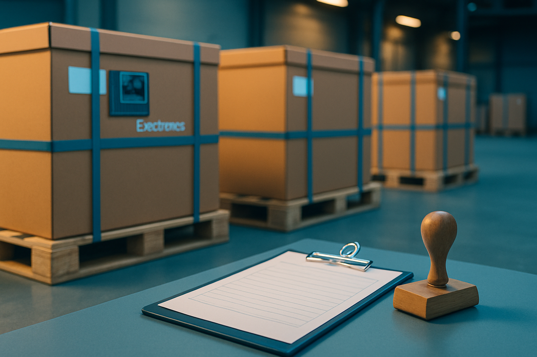 Sealed flat-packed electronics crates on pallets with a clipboard and approval stamp at a freight facility