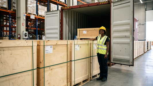 Logistics supervisor beside palletised flat display crates at an open forty-foot container