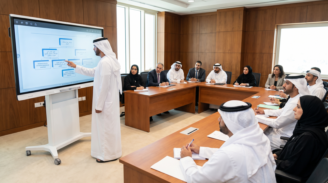 Interactive display in use during an evidence-presentation session in a Gulf judicial training room