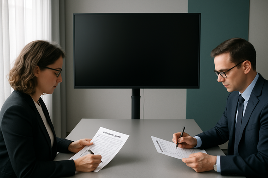Two professionals reviewing evaluation checklists beside a trolley-mounted display with a blank powered-off screen