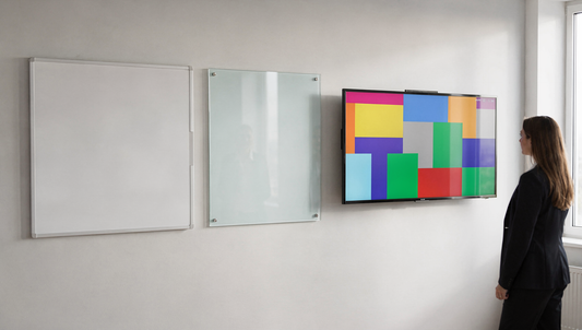 Interactive flat panel, whiteboard and signage display shown side by side to compare terminology