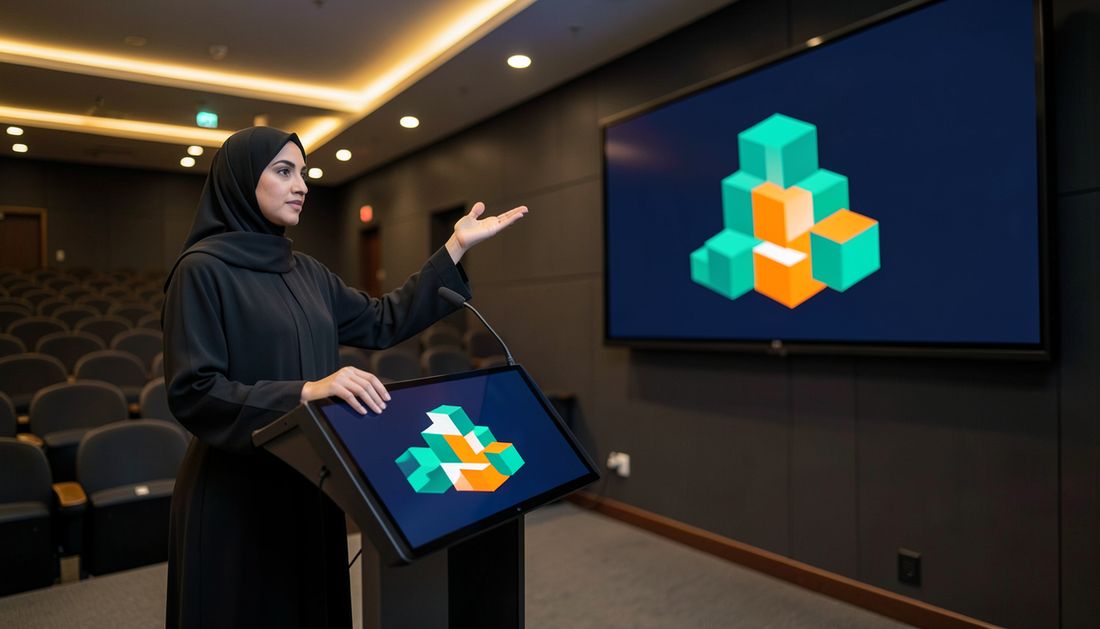 Speaker at a digital lectern with built-in touch display presenting in a Gulf auditorium