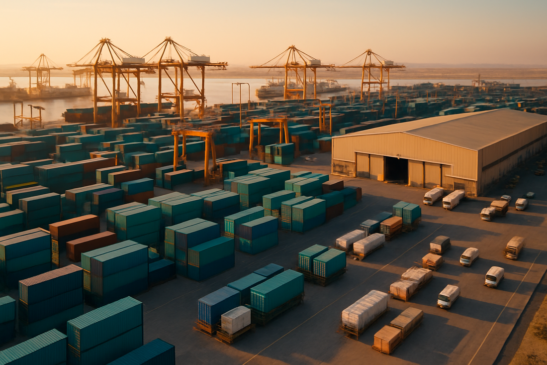 Free-zone logistics port with stacked shipping containers and a bonded warehouse at golden hour