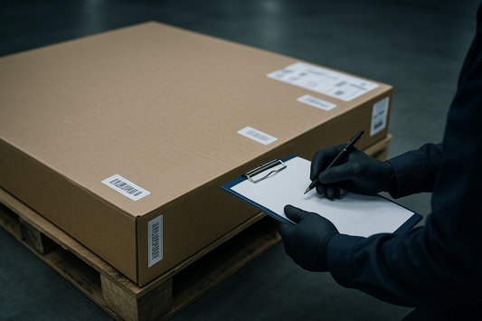 Gloved inspector checking factory seals and labels on a sealed flat-packed display carton on a pallet
