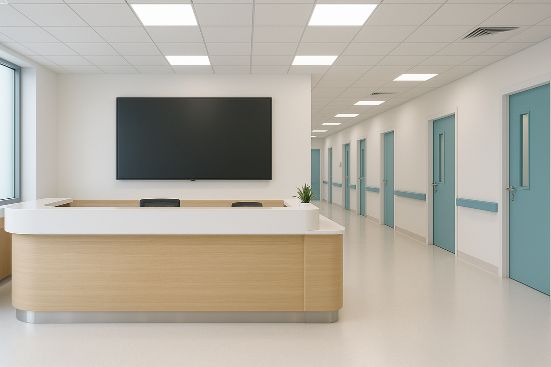 Modern Gulf hospital reception and corridor with a wall-mounted display powered off