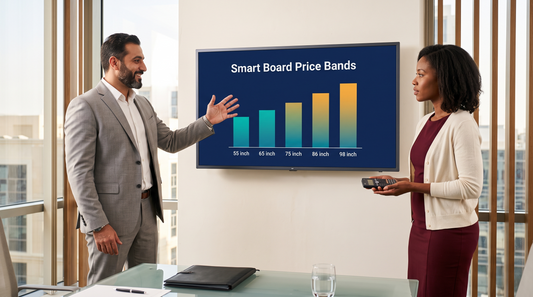 Procurement team reviewing smart board price bands by screen size on a wall display