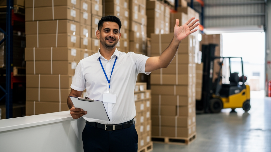 Customs broker at a bonded warehouse counter beside sealed display crates awaiting tariff classification