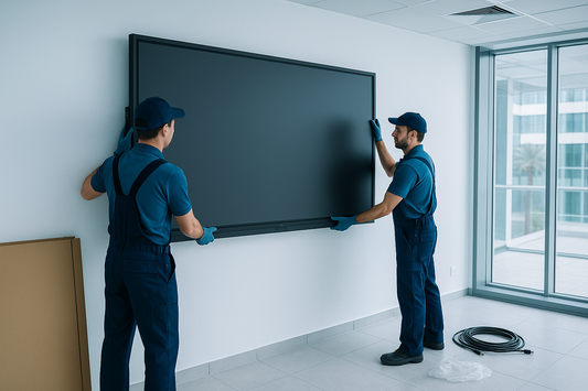 Two AV technicians mounting a powered-off interactive flat panel with a sealed panel crate and cabling nearby