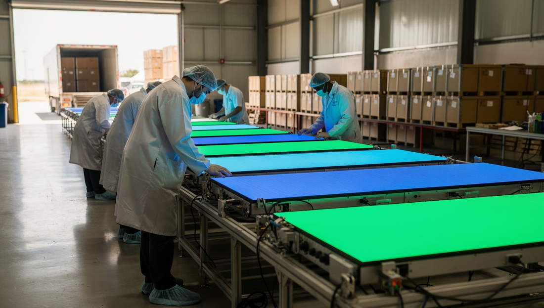 LED display production line contrasted with a trading company warehouse holding mixed brands