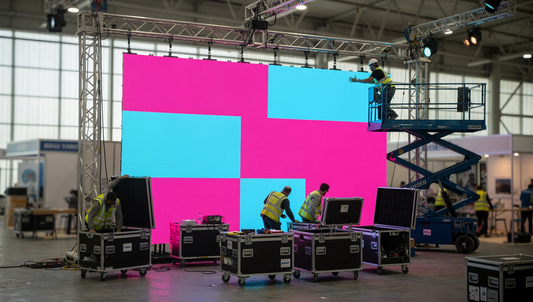 Large LED screen wall built for a corporate event stage with flight-cased cabinets
