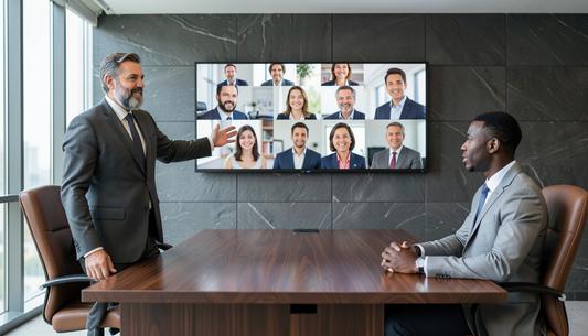 Executives in a Gulf boardroom on a video call displayed on a MAXHUB-class interactive panel