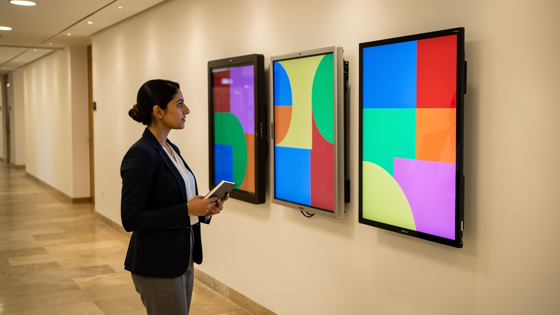 Three interactive panel generations mounted side by side on one office wall