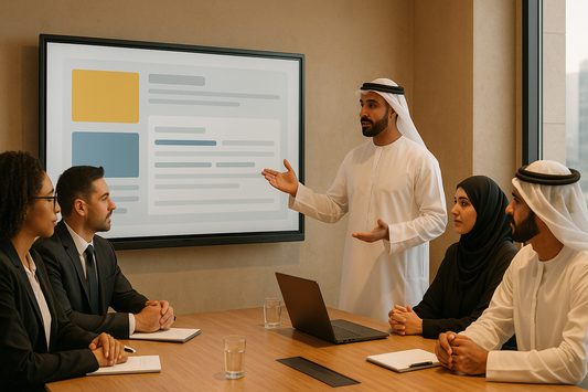 Multicultural Gulf business meeting around an interactive display with a bilingual interface
