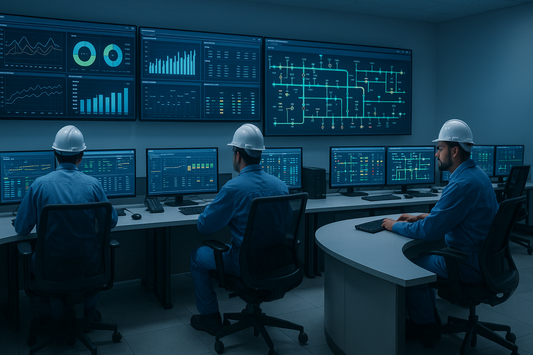 Industrial control room with video wall displays and operators in the Gulf
