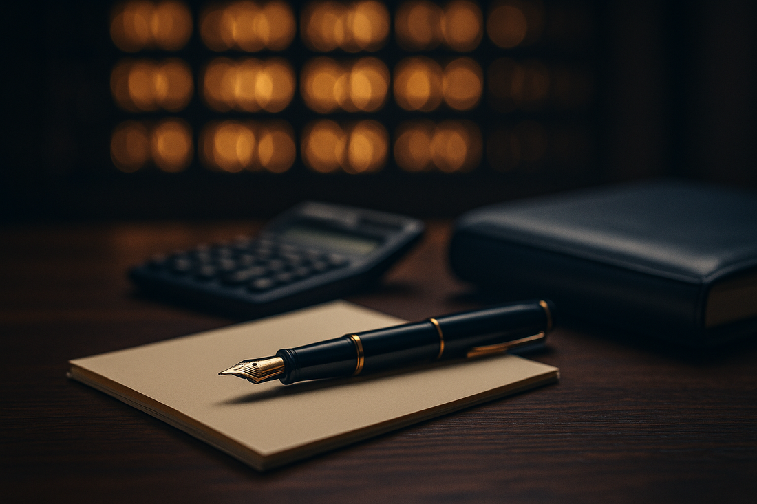 Fountain pen resting on blank documents beside a calculator on a dark desk, warm bokeh background