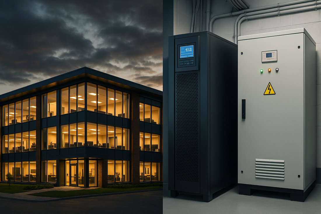 Office building at dusk beside a UPS and voltage stabiliser cabinet in an electrical room