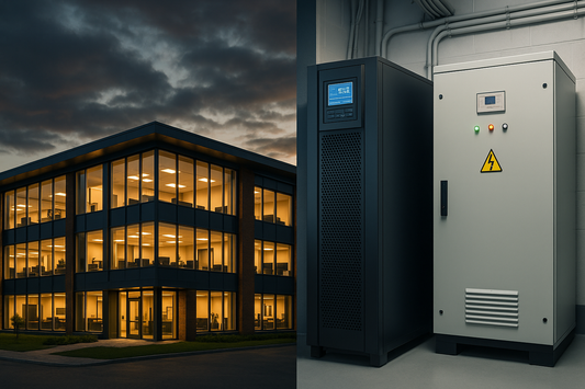 Office building at dusk beside a UPS and voltage stabiliser cabinet in an electrical room
