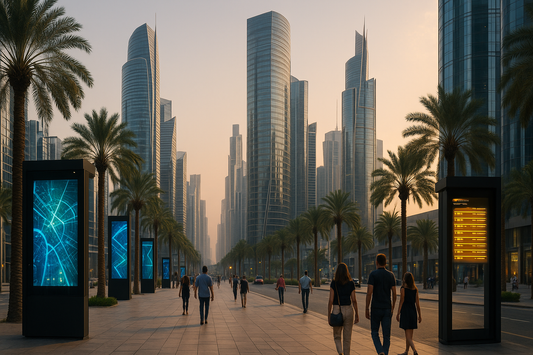 Gulf smart city district with digital signage totems and information kiosks at golden hour