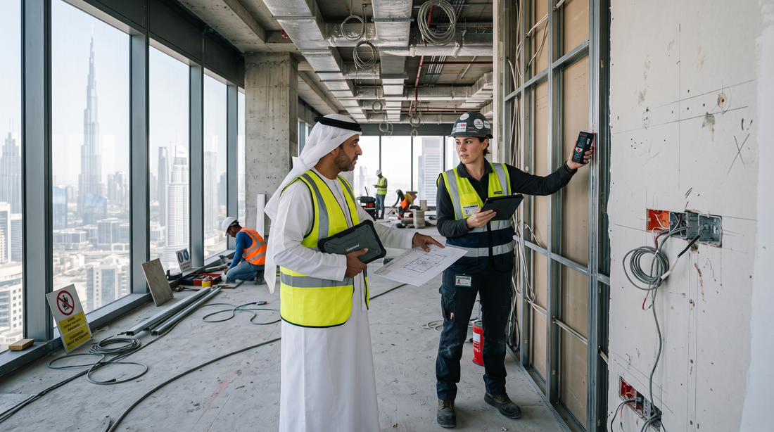 Engineer and site manager surveying an unfinished office floor before an interactive display installation