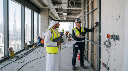 Engineer and site manager surveying an unfinished office floor before an interactive display installation