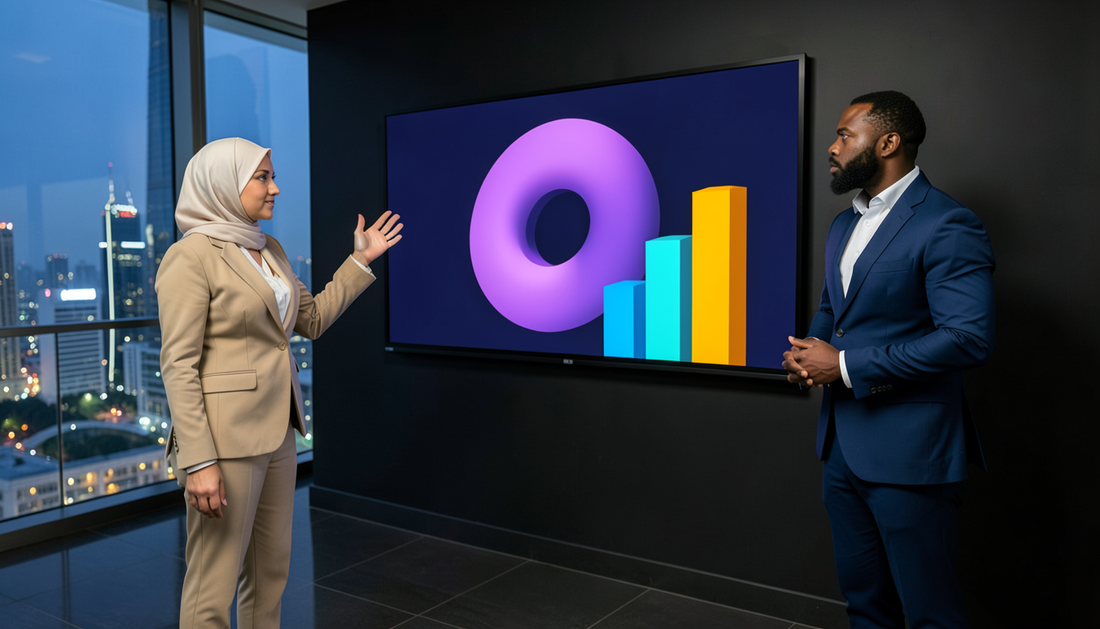 Presenters reviewing charts on a Samsung-class interactive display in an executive briefing room at dusk