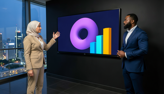 Presenters reviewing charts on a Samsung-class interactive display in an executive briefing room at dusk