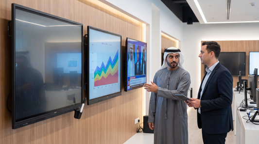 A smart board, a commercial display and a consumer TV mounted side by side for comparison in a Gulf showroom