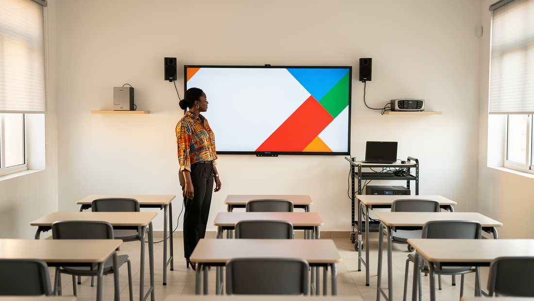 Completed smart classroom showing panel, speakers, UPS and mobile trolley together