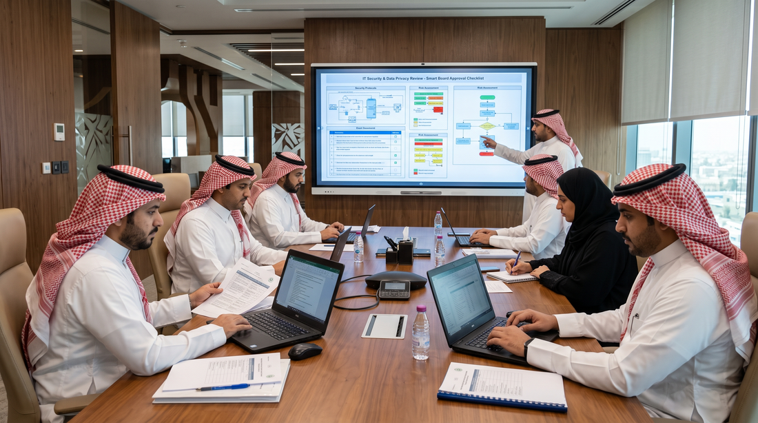 Gulf ministry IT team reviewing a data privacy and platform approval checklist for classroom displays