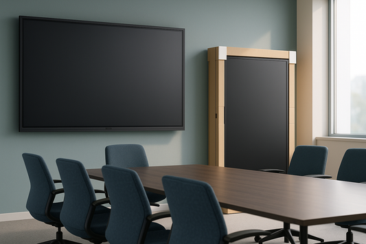 Interactive flat panel mounted in a boardroom beside a sealed flat-packed display crate ready for shipping
