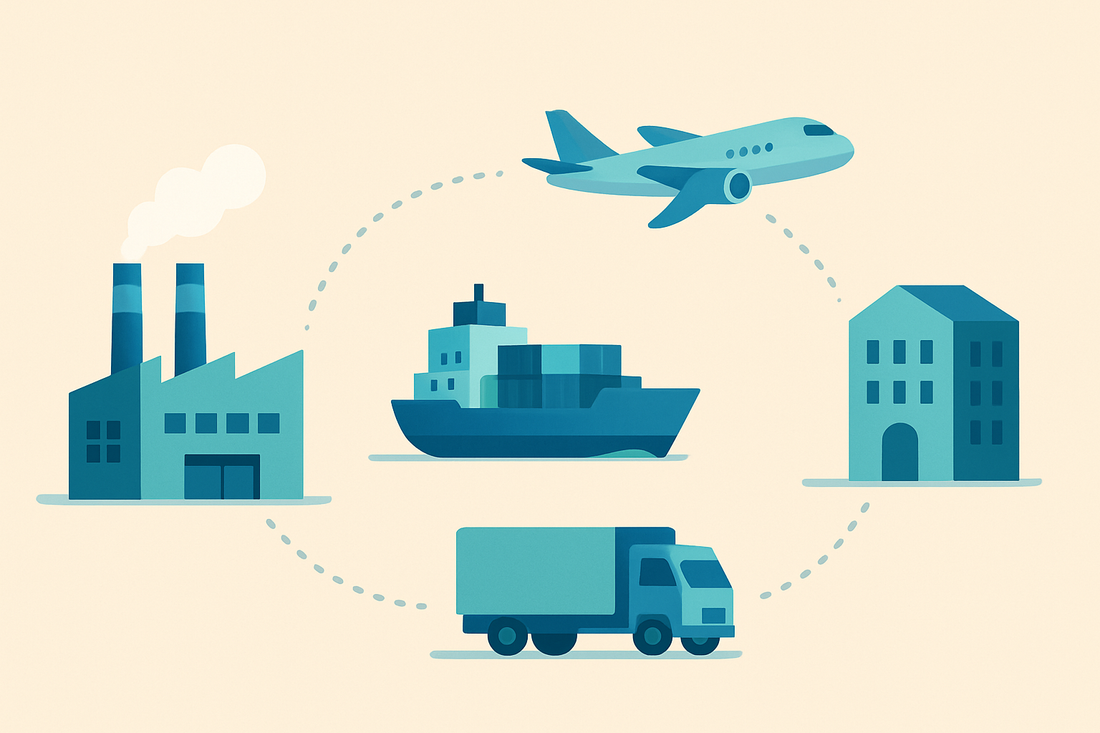 Illustrated journey from factory to ship to plane to truck to destination building