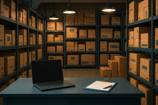 Organised AV spare-parts and after-sales service warehouse with boxed replacement components