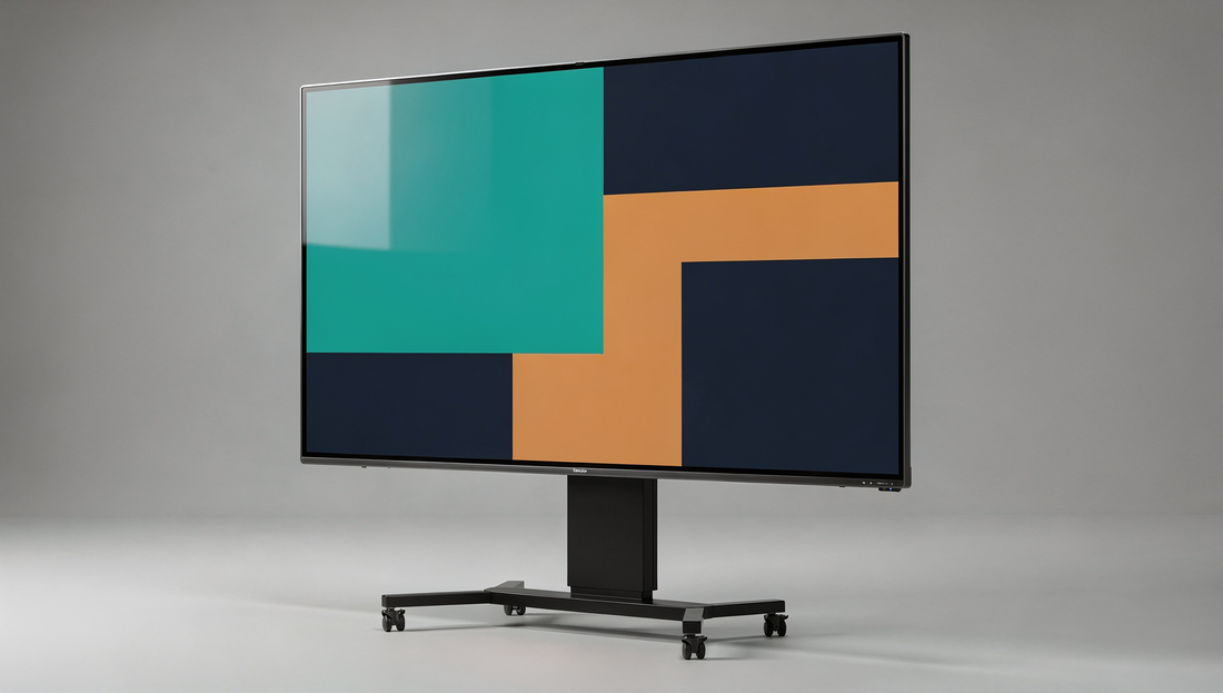 An 86-inch interactive flat panel display on a mobile floor stand, screen switched on