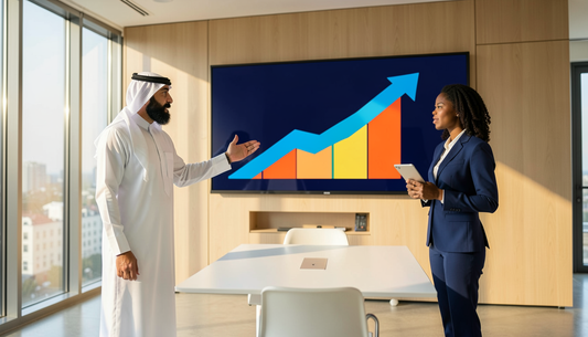 Gulf executive presenting an ascending chart on a wall-mounted smart board while a colleague takes notes