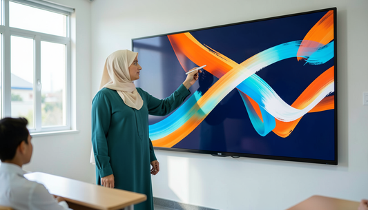 Teacher writing flowing coloured ink strokes on a wall-mounted smart board with a stylus