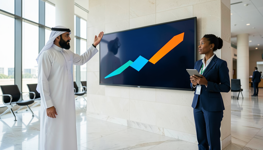 Digital signage queue and wayfinding displays in a modern government public-service hall in the GCC