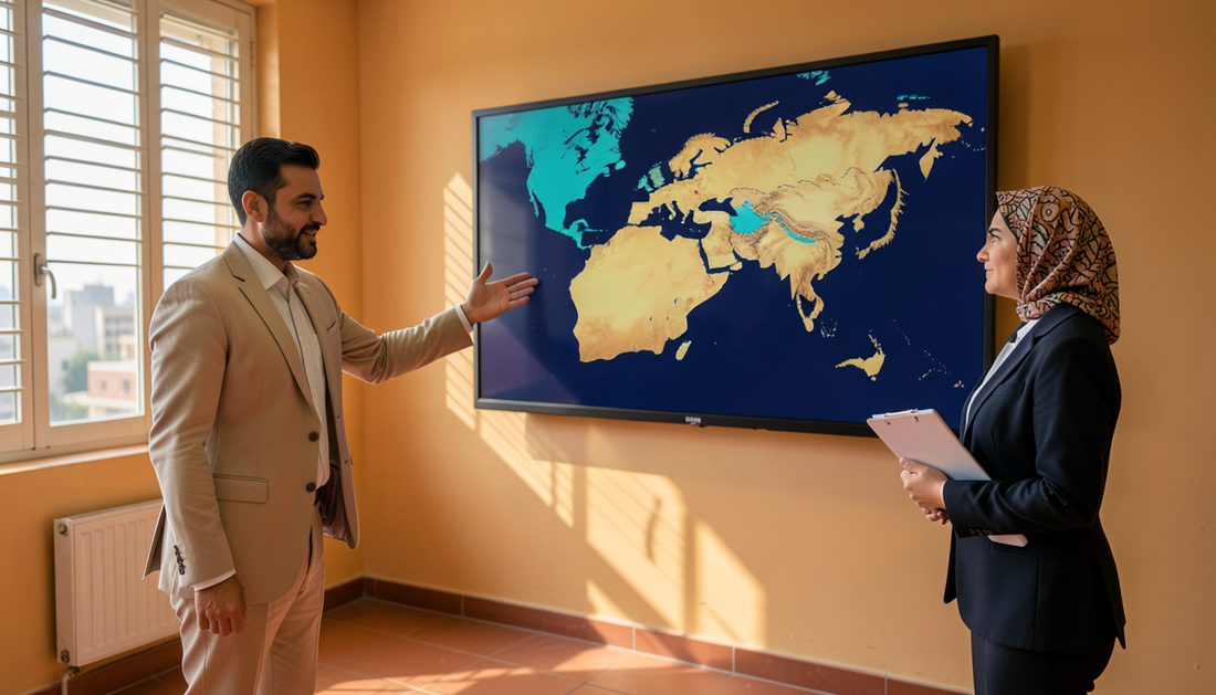 Egyptian lecturer in a beige suit gesturing at an interactive panel showing a world map while an administrator with a clipboard looks on in a Cairo seminar room
